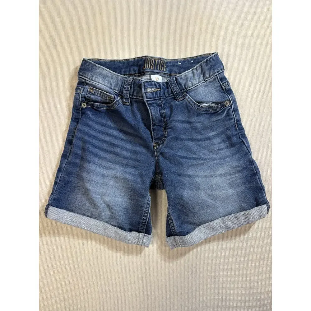 Justice Girls Denim Blue Jean Shorts Size 12 Rolled Cuff Faded